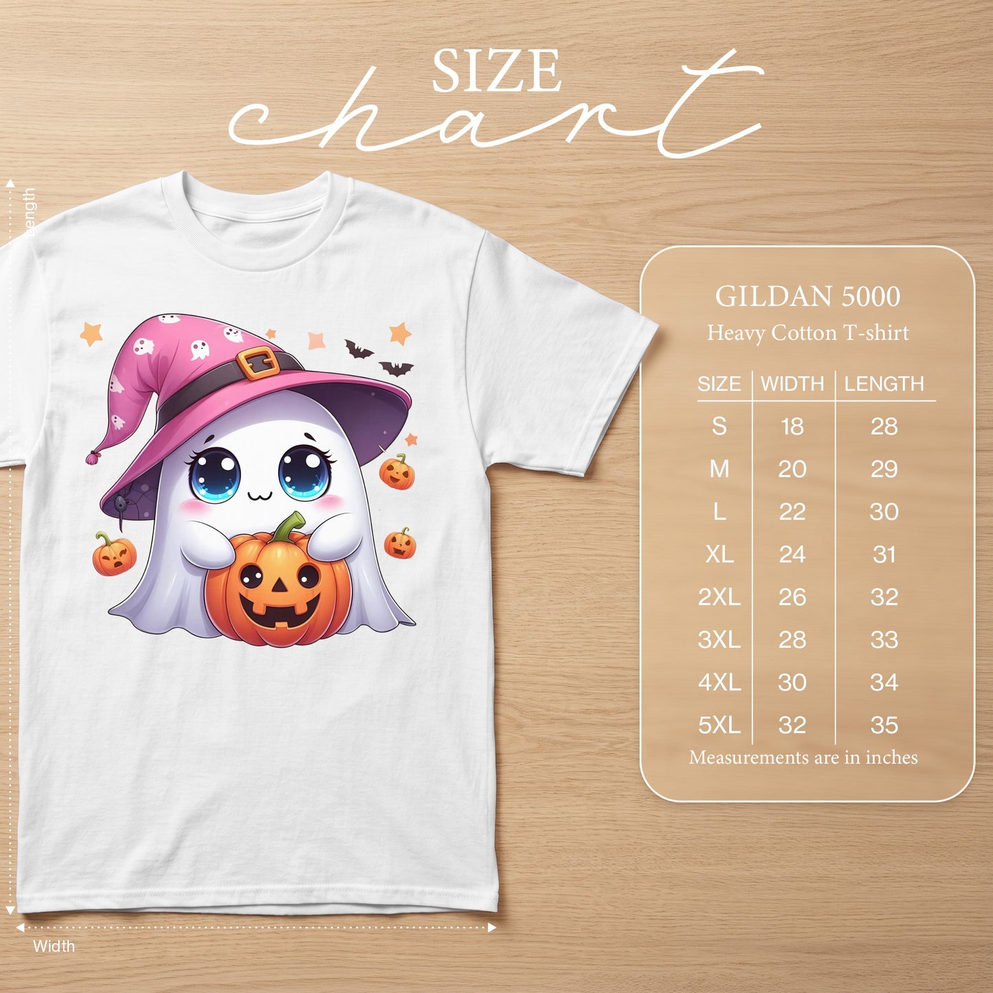 White t-shirt with a cute ghost holding a pumpkin and a size chart.