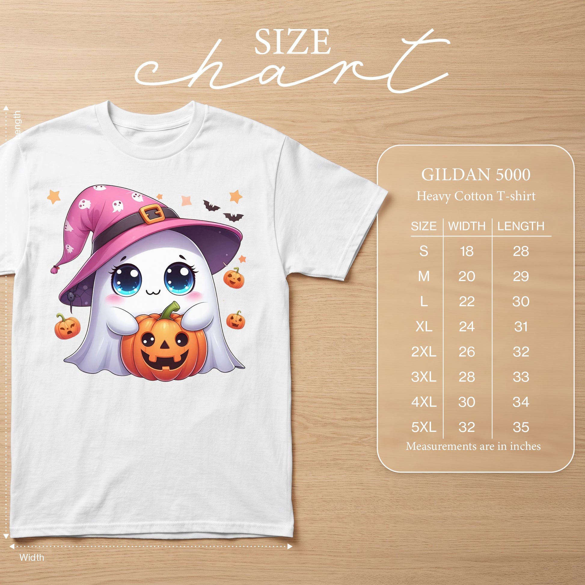 White t-shirt with a cute ghost holding a pumpkin and a size chart.