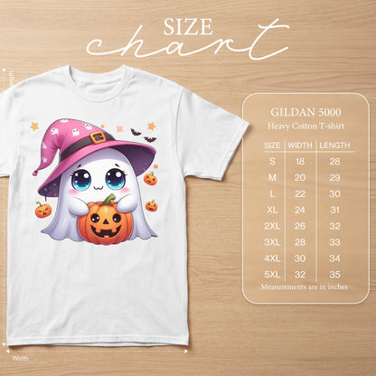 White t-shirt with a cute ghost holding a pumpkin and a size chart.
