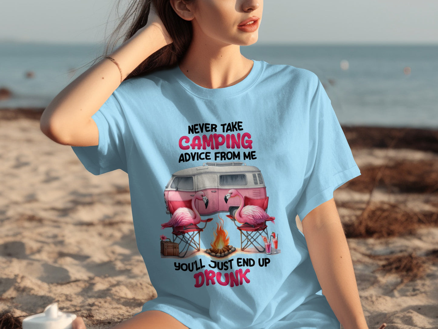 Never Take Camping Advice Funny Flamingo Drunk Shirt