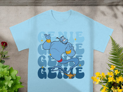 Light blue t-shirt with a cartoon genie from Aladdin and repeating "Genie" text.