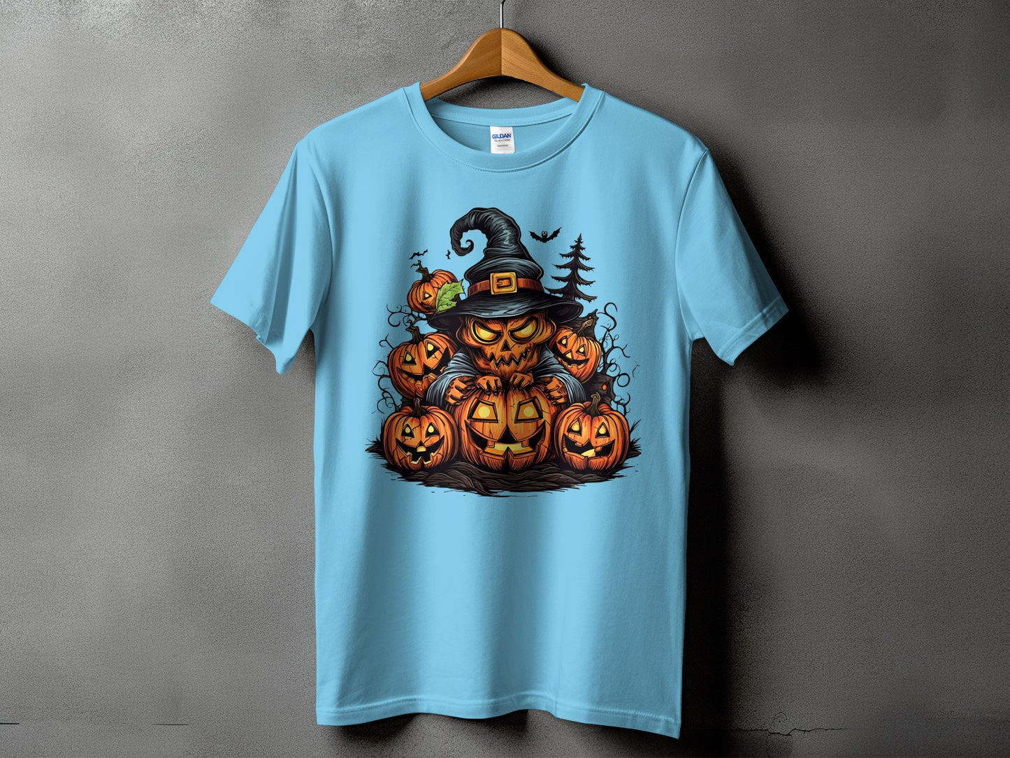 Scary pumpkin character with witch hat surrounded by jack-o'-lanterns and bats.