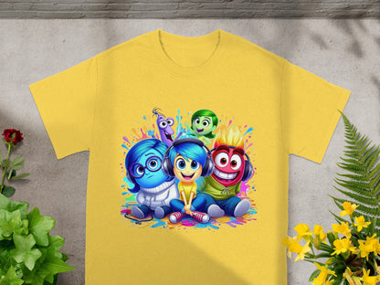 Joy, Sadness, Anger, Fear, and Disgust characters from Inside Out on a yellow t-shirt.