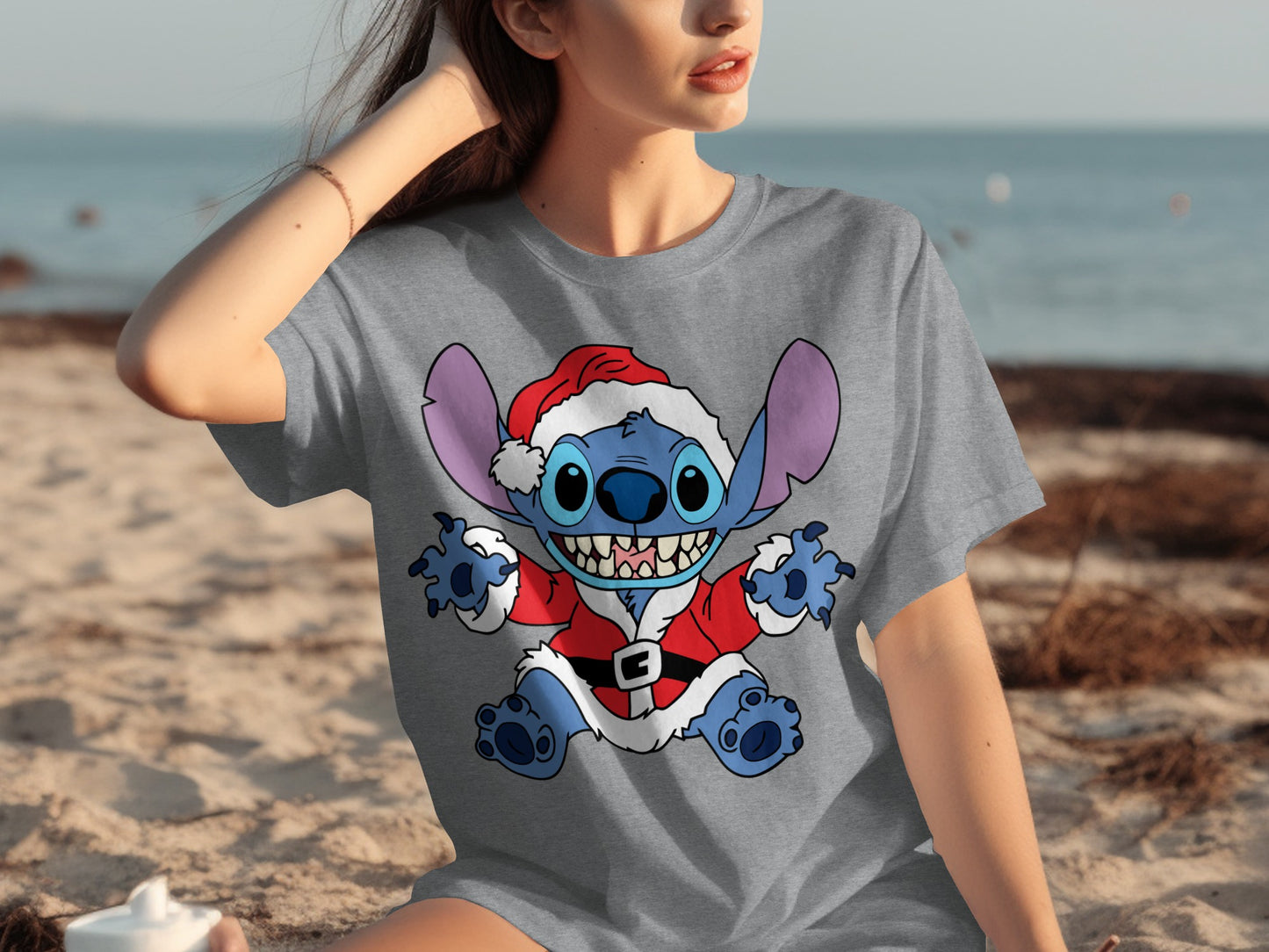 Cute Santa Stitch Character T-Shirt for Beach Casual Wear