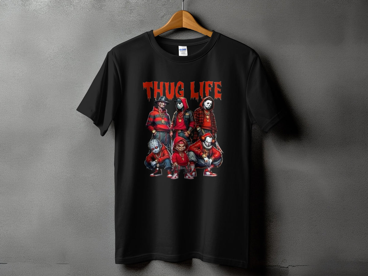 Black t-shirt with "THUG LIFE" text and horror movie characters.