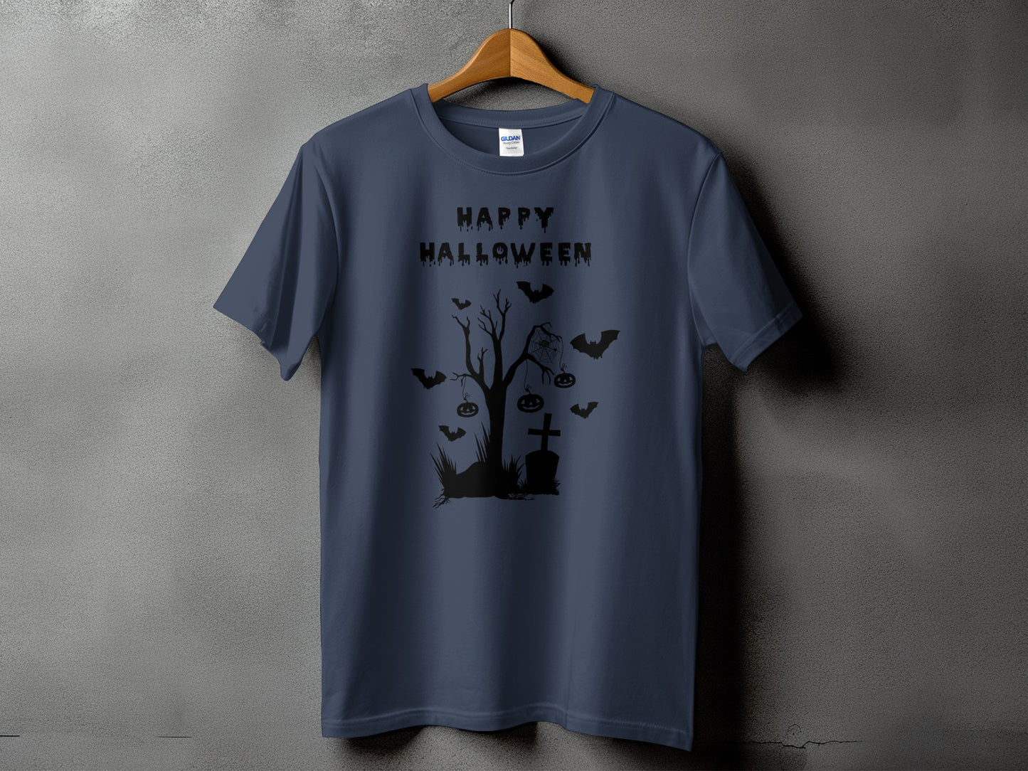 Dark blue t-shirt with "Happy Halloween" and a spooky graveyard scene graphic.
