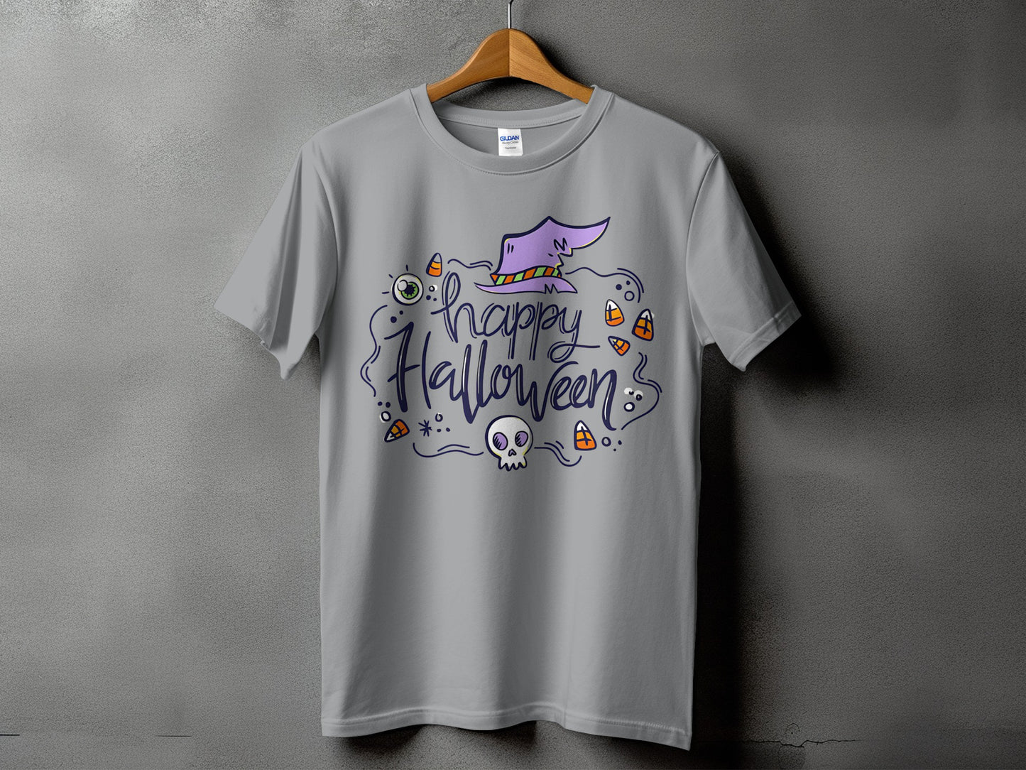 Grey t-shirt with purple witch hat, skull, and "happy Halloween" text design.