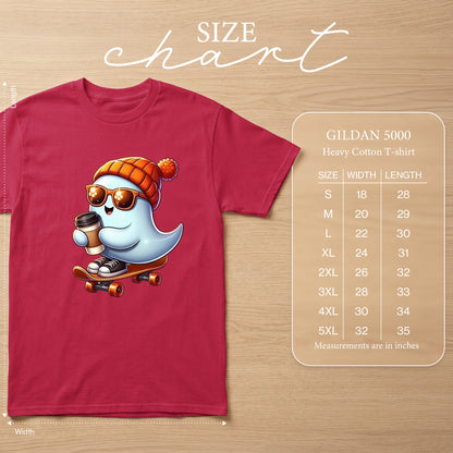 Red Gildan 5000 t-shirt with cartoon ghost on skateboard, size chart.
