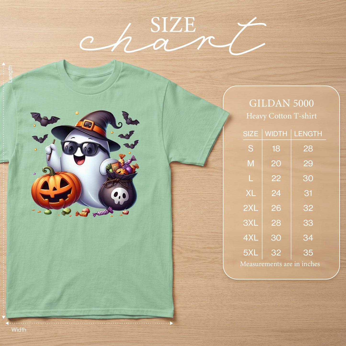 Ghost wearing sunglasses and witch hat with pumpkin and candy, with Gildan 5000 size chart.