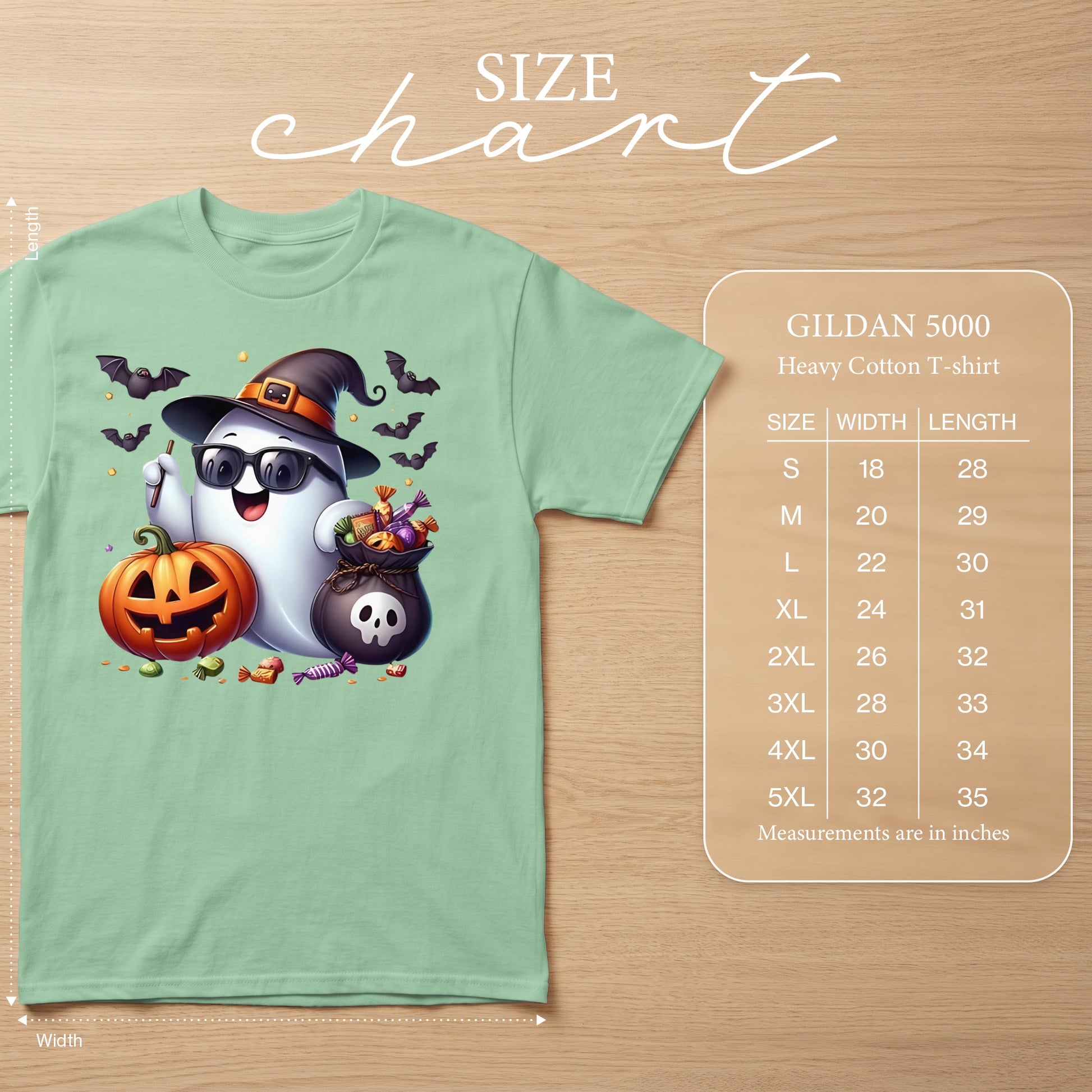 Ghost wearing sunglasses and witch hat with pumpkin and candy, with Gildan 5000 size chart.