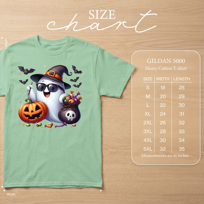 Ghost wearing sunglasses and witch hat with pumpkin and candy, with Gildan 5000 size chart.