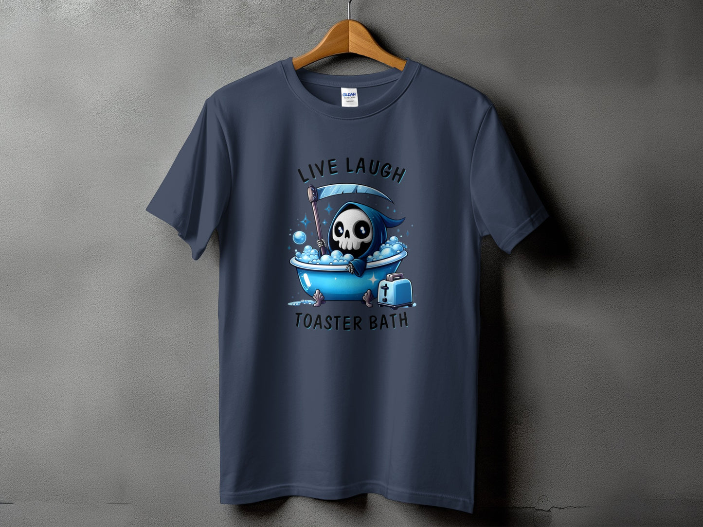 Grim reaper skeleton in bathtub with toaster, text "LIVE LAUGH TOASTER BATH".