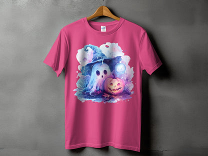 Pink t-shirt featuring a cartoon ghost in a witch hat and a jack-o'-lantern.