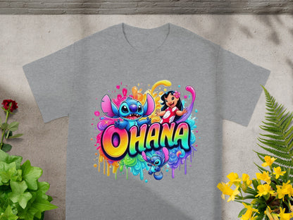 Lilo and Stitch with "Ohana" text on a gray t-shirt.