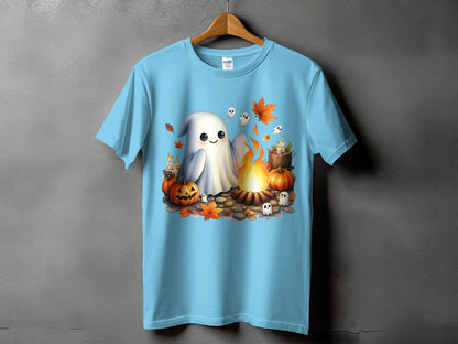 Light blue t-shirt with cute ghost and Halloween elements design.