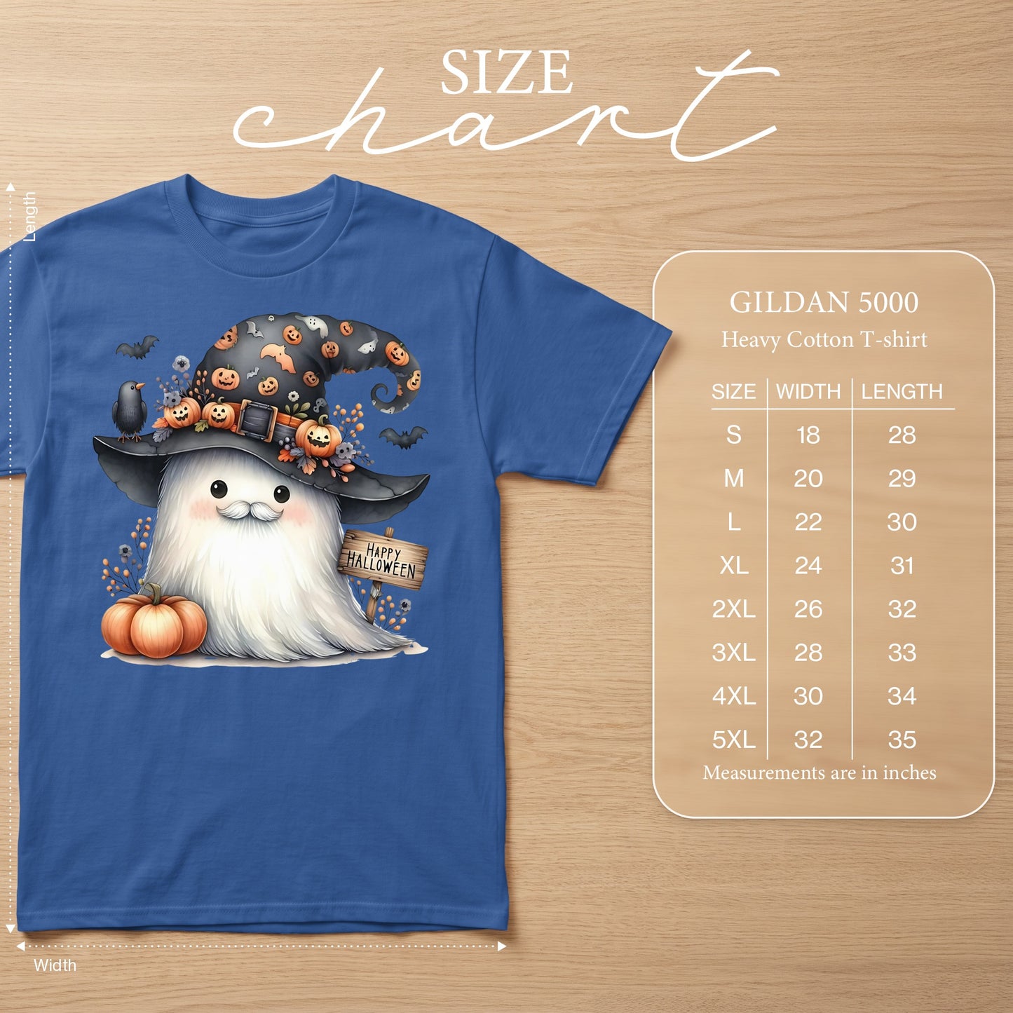 Blue heavy cotton Gildan 5000 t-shirt with ghost, pumpkin, and witch hat graphic.