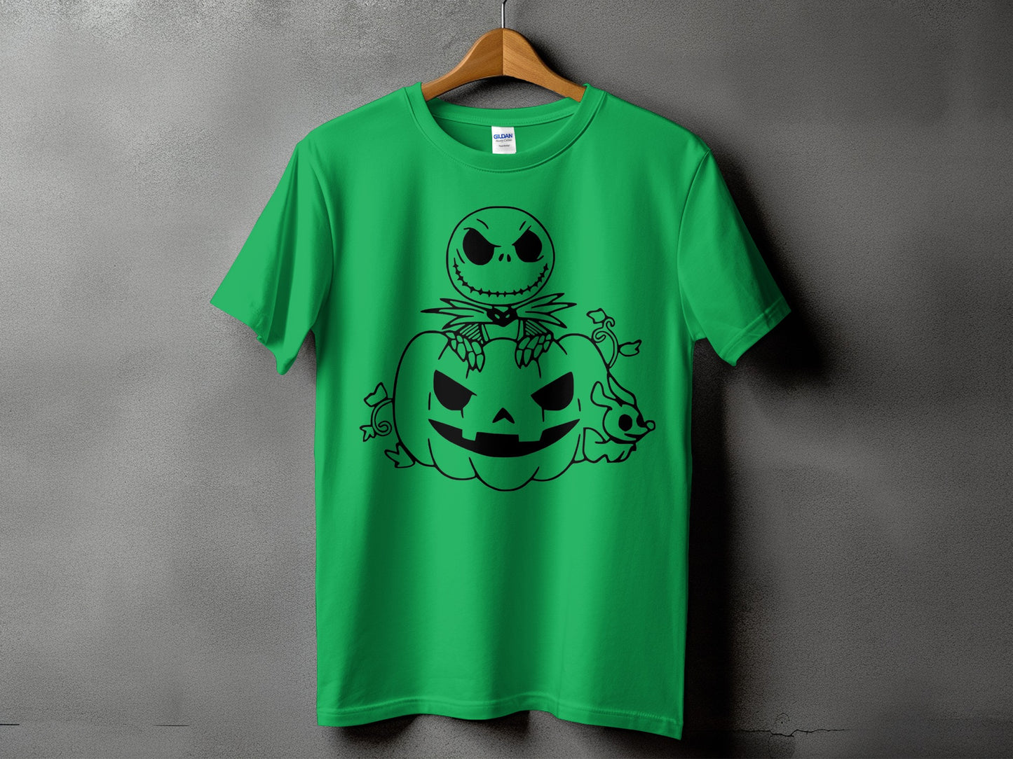 Green t-shirt with black outline graphic of Jack Skellington on a pumpkin.
