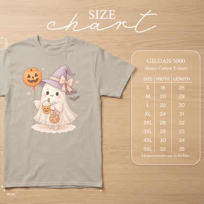 Light grey Gildan 5000 Heavy Cotton T-shirt with a ghost graphic and size chart.