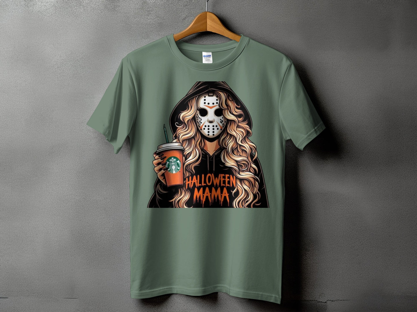 Green t-shirt with a graphic of a woman in a hockey mask holding a coffee cup.