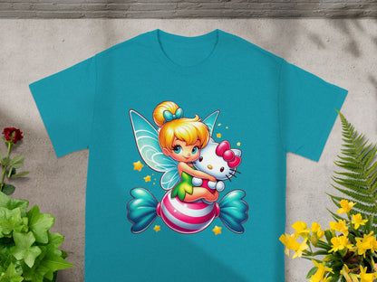 Fairy character hugging Hello Kitty on a striped candy.