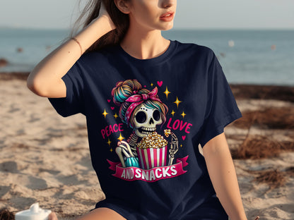 Peace Love and Snacks Skeleton Graphic Shirt