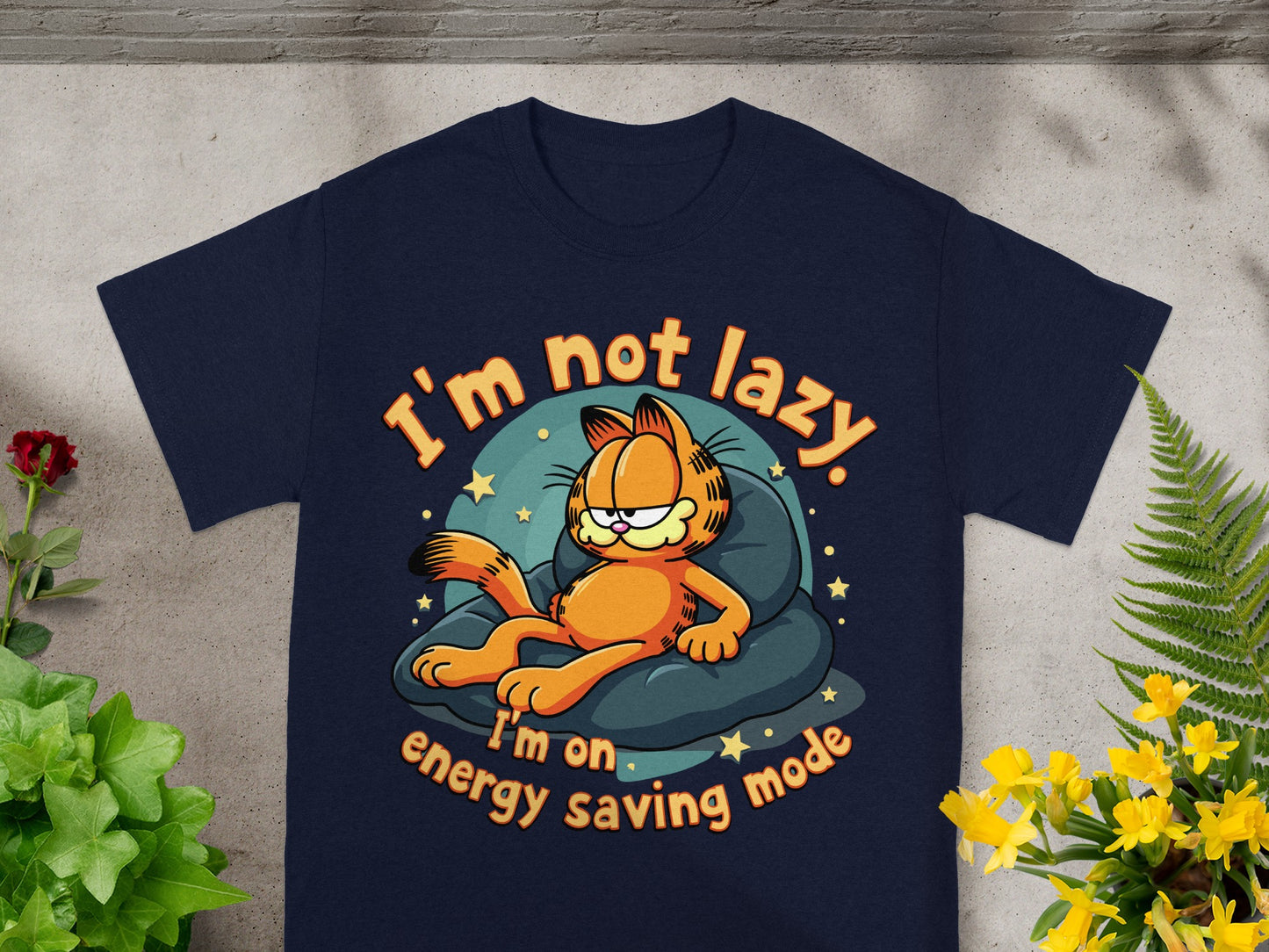 Navy t-shirt with Garfield relaxing, "I'm not lazy. I'm on energy saving mode."