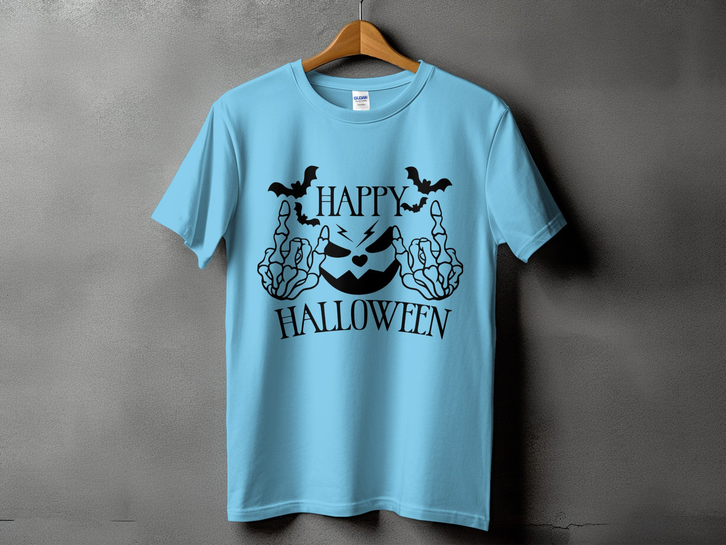 Light blue t-shirt with black Halloween graphic and text.