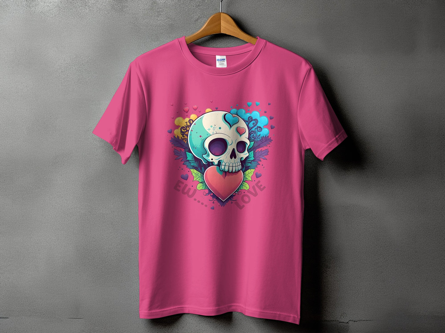 Pink t-shirt with a skull, heart, and "Ew... Love" graphic.