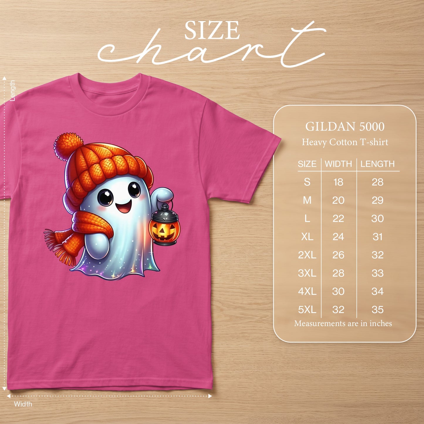 Pink t-shirt with ghost graphic and Gildan 5000 Heavy Cotton T-shirt size chart.