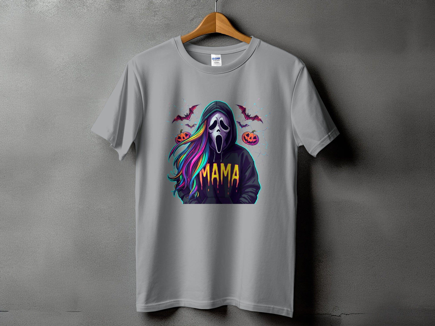Ghostface with rainbow hair and "MAMA" text on a gray t-shirt with bats and pumpkins.
