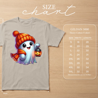T-shirt with a cute ghost wearing a hat and scarf, holding a jack-o'-lantern, with size chart.