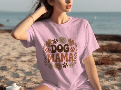 Dog Mama Floral Paw Print Design T-Shirt