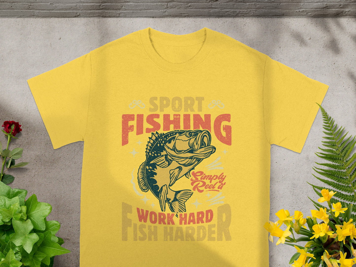 Yellow t-shirt with "Sport Fishing" and a bass, reads "Simply Reel it Work Hard Fish Harder".