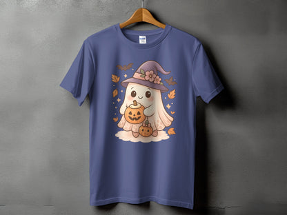Blue t-shirt with a cartoon ghost wearing a witch hat and holding pumpkins.