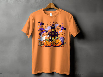 Orange t-shirt with a Halloween graphic featuring a ghost, pumpkins, bats, and a haunted house.
