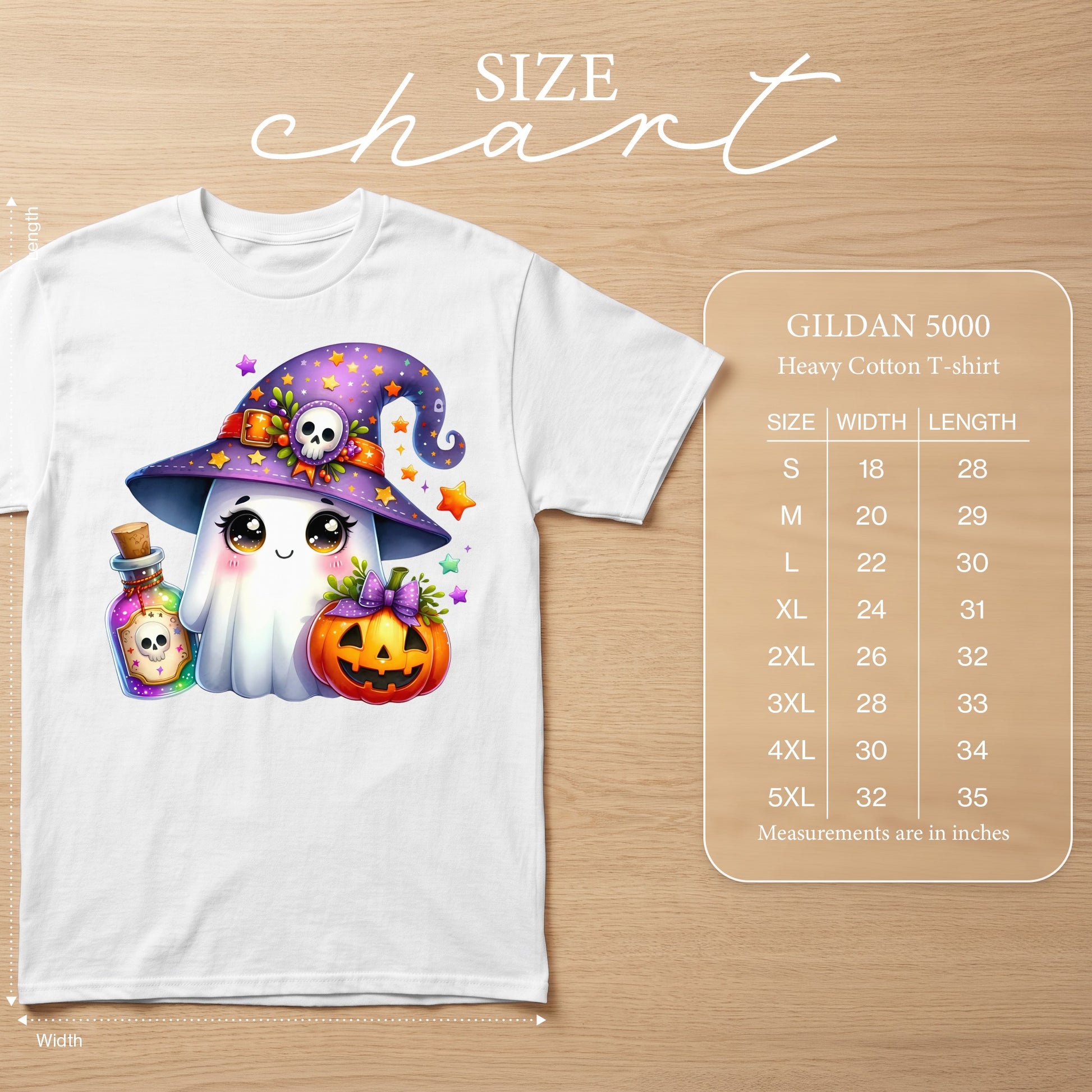 White Gildan 5000 heavy cotton t-shirt with ghost, pumpkin, and potion design.