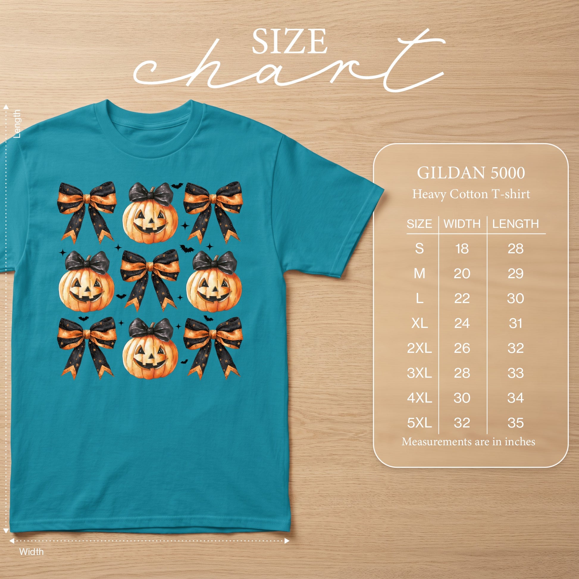 Teal t-shirt with Halloween pumpkins and bows pattern. Size chart shown.