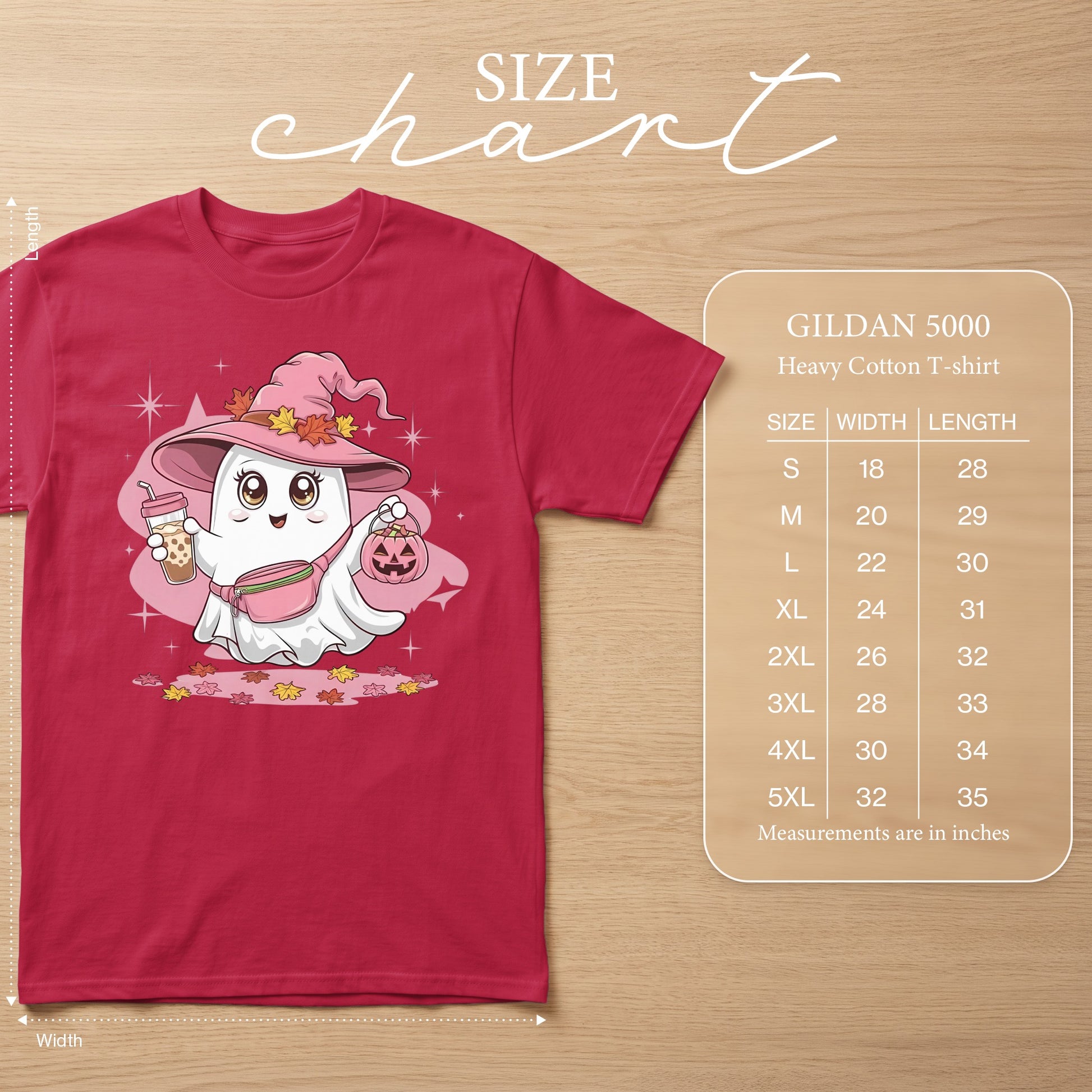 Gildan 5000 heavy cotton t-shirt size chart with measurements in inches.