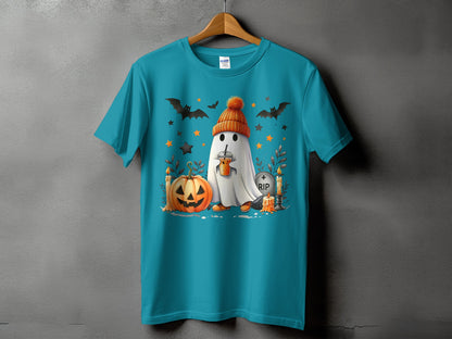 Teal t-shirt with a Halloween graphic of a ghost, pumpkin, bats, and candles.