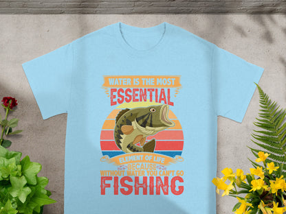 Sky blue t-shirt with graphic text "Water Is The Most Essential" and a fish and sunset.