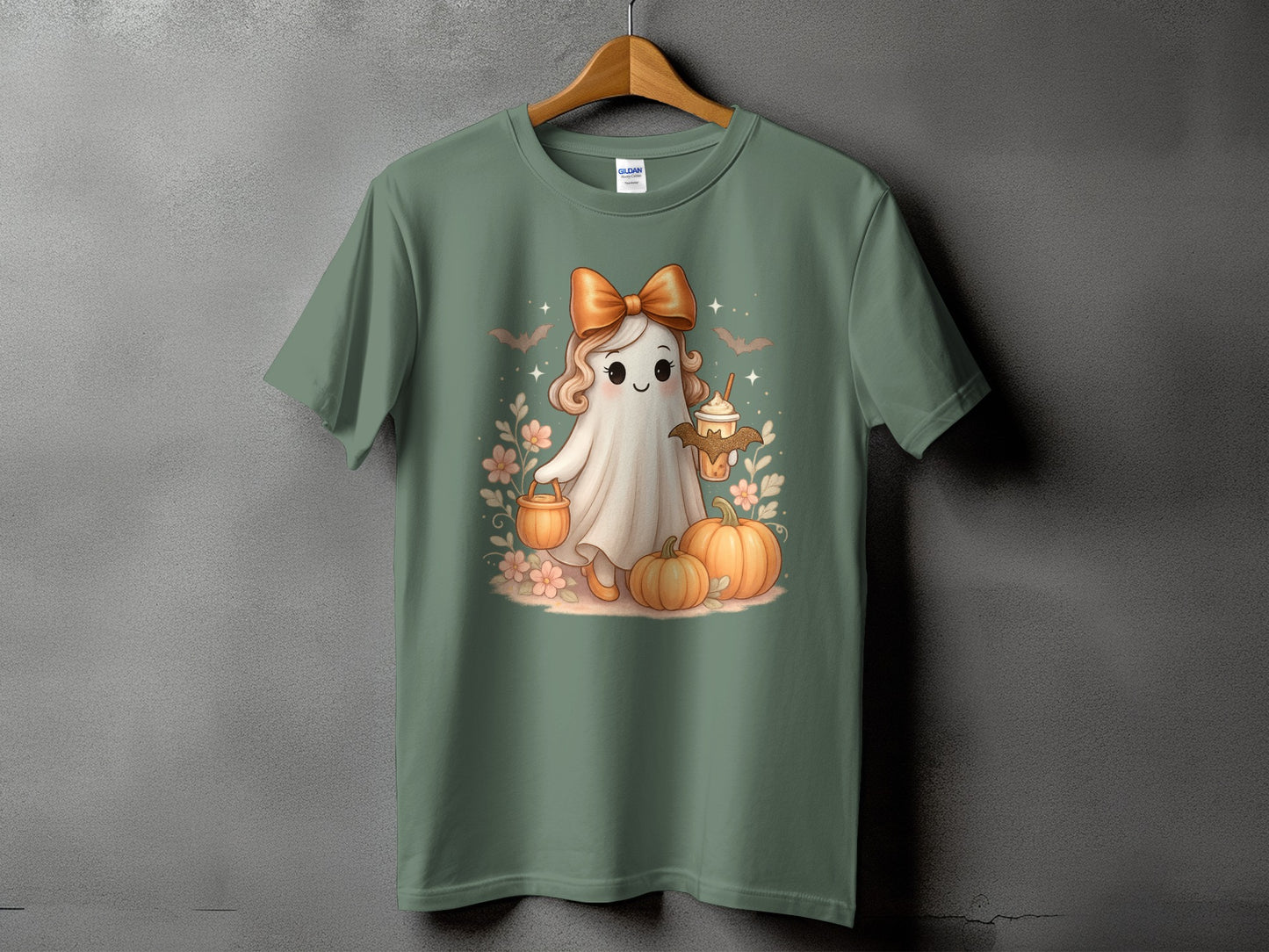 Ghost with bow holding pumpkin spice latte surrounded by pumpkins and flowers.