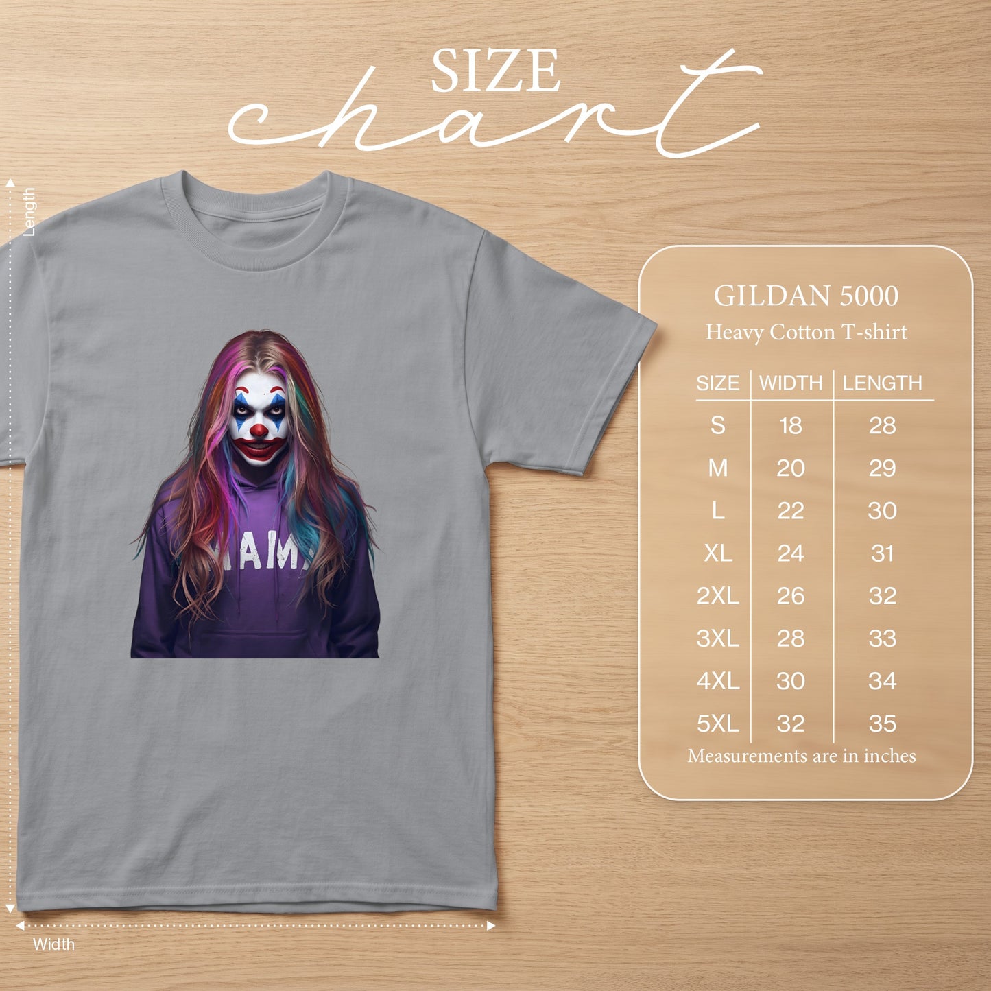 Gray t-shirt with colorful clown graphic and size chart for Gildan 5000 shirts.
