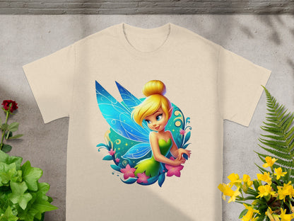 Tinkerbell fairy illustration on a light beige t-shirt.