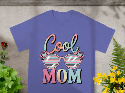 Purple t-shirt with "Cool MOM" and heart-adorned sunglasses graphic.