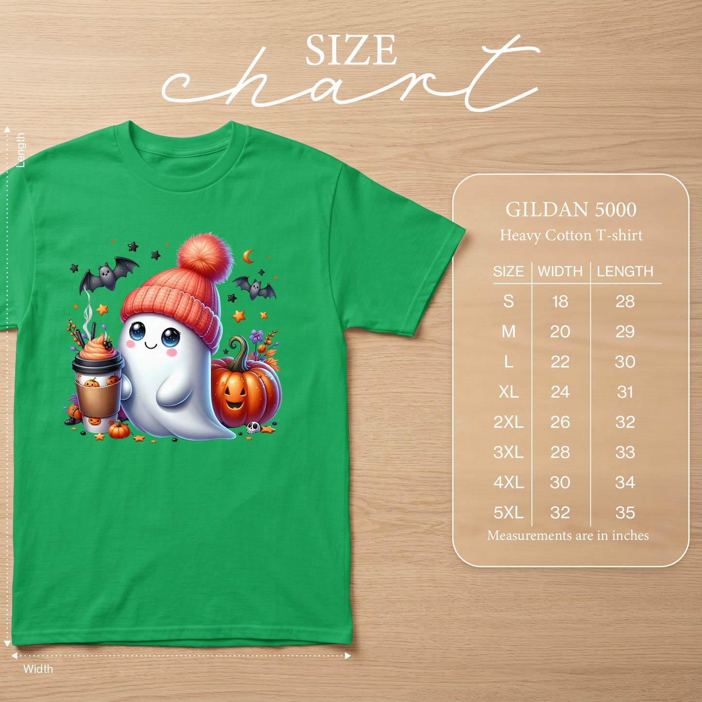 Green Gildan 5000 t-shirt with a cute ghost and pumpkin Halloween graphic.