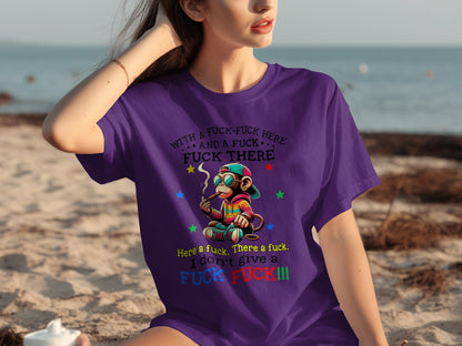 Funny Colorful Monkey with Smoke Print T-shirt