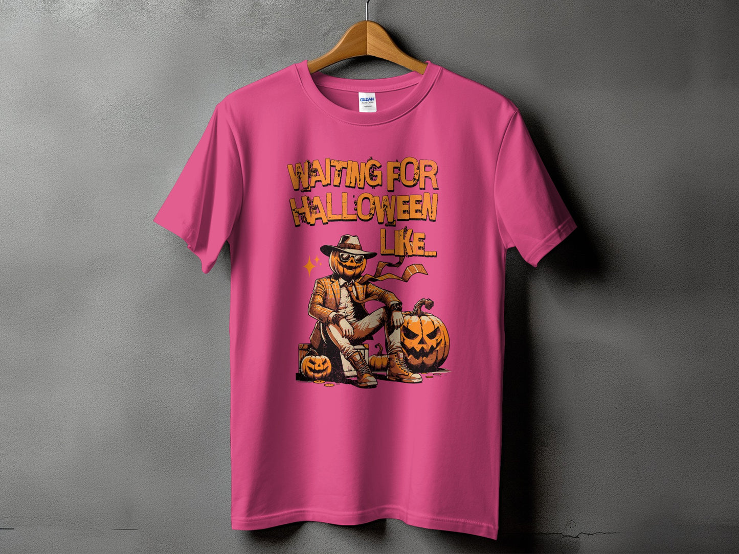 Pink t-shirt with "Waiting for Halloween Like..." and a pumpkin character.