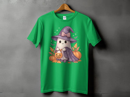 Green t-shirt with a cute ghost holding a pumpkin and wearing a witch hat.