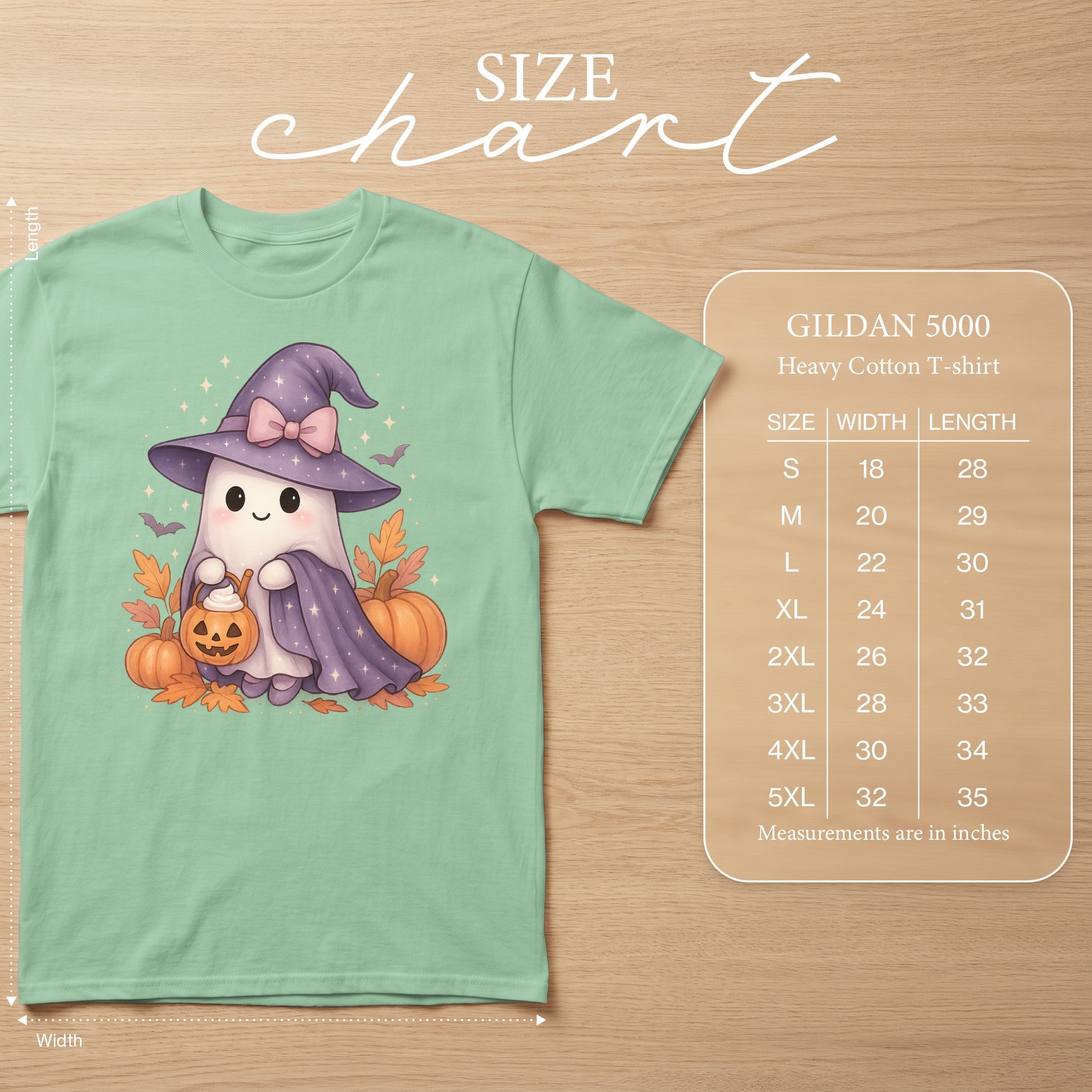 GILDAN 5000 Heavy Cotton T-shirt size chart with measurements in inches.