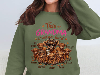 Grandma loves her herd of Highland cows with names Riley, Kayson, Preston, Roman, Bentley, and Ryker.